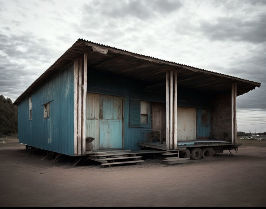 Weathered Blue Wooden Stilt Building Under Cloudy Sky