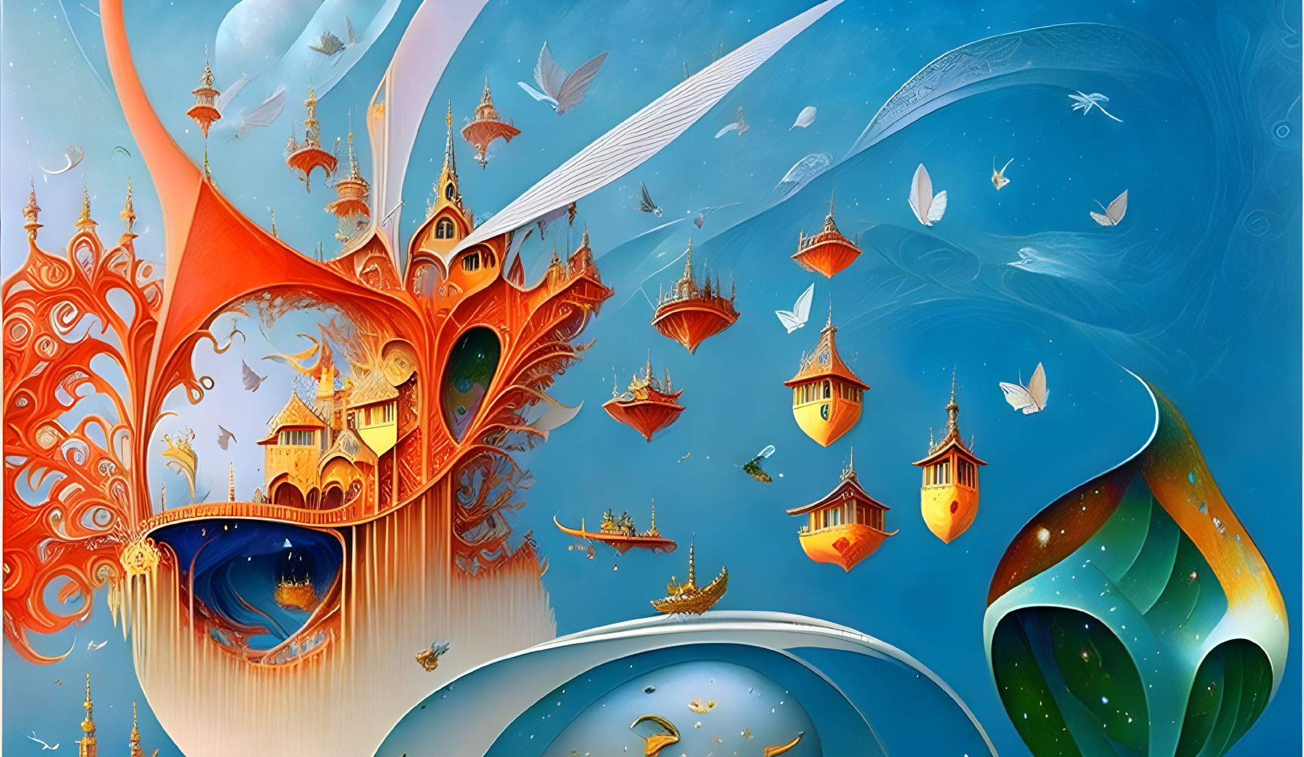 Fantastical floating architecture with birds in colorful sky