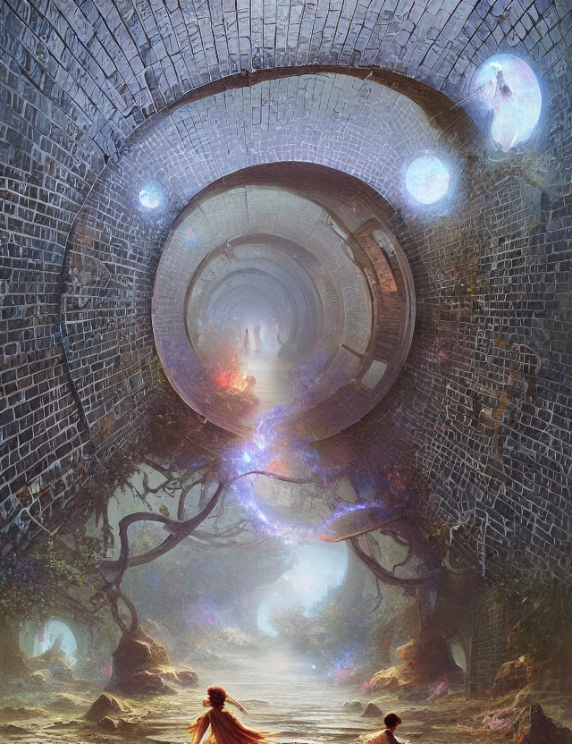 Brick tunnel with magical orbs, trees, and figures in luminous setting