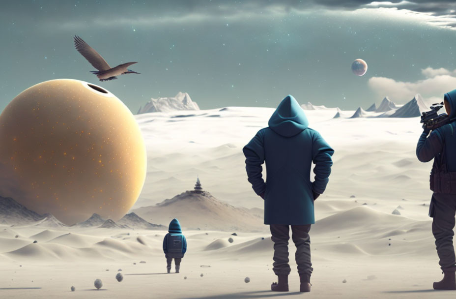 Surreal desert landscape with figures, sphere, mountains, bird, and planets.