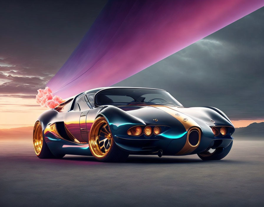 Digitally modified classic car with exaggerated features and fiery exhaust in twilight sky