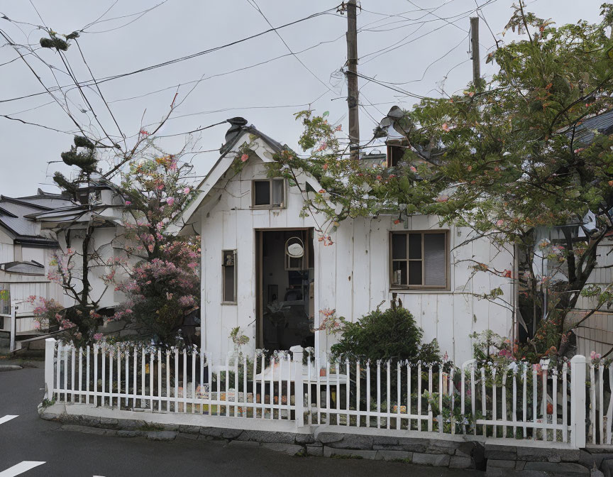 White House with Picket Fence Surrounded by Pink Trees in Serene Neighborhood