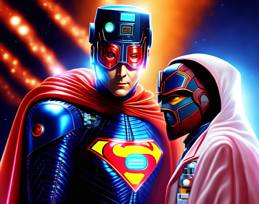 Vibrant superhero figures in futuristic costumes against cosmic backdrop