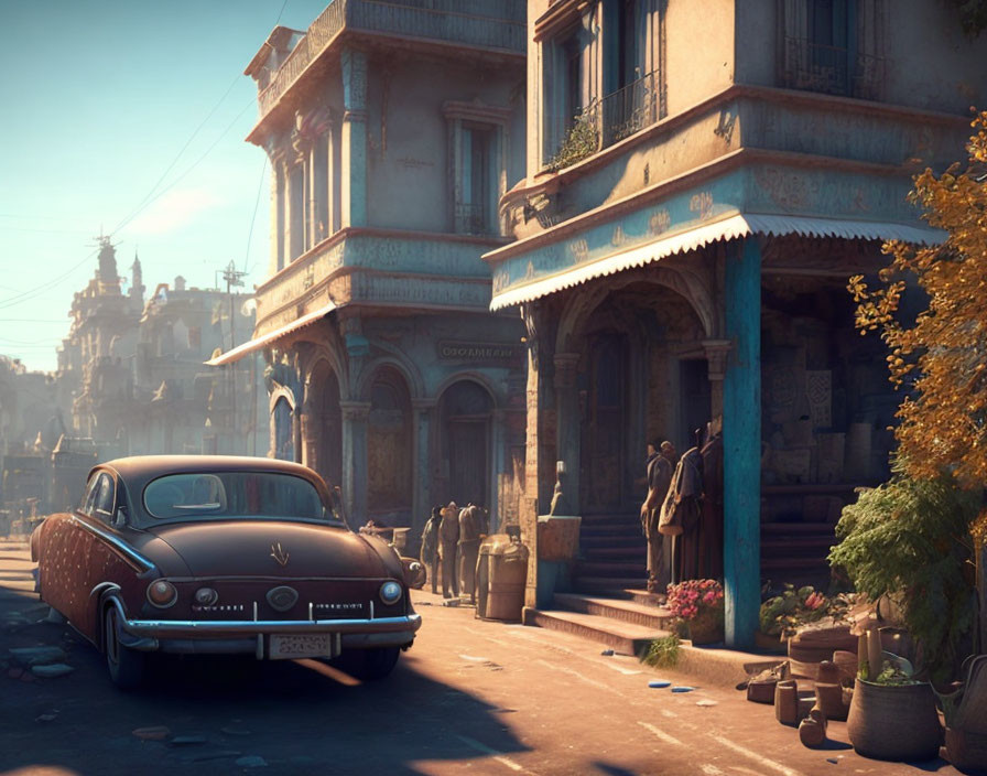 Vintage car parked on sunlit old-fashioned street corner with pedestrians and rustic buildings.