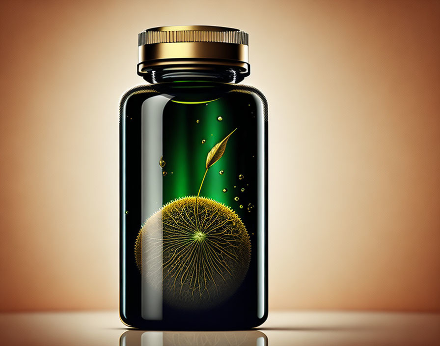 Floating dandelion seed in sealed bottle on orange gradient background