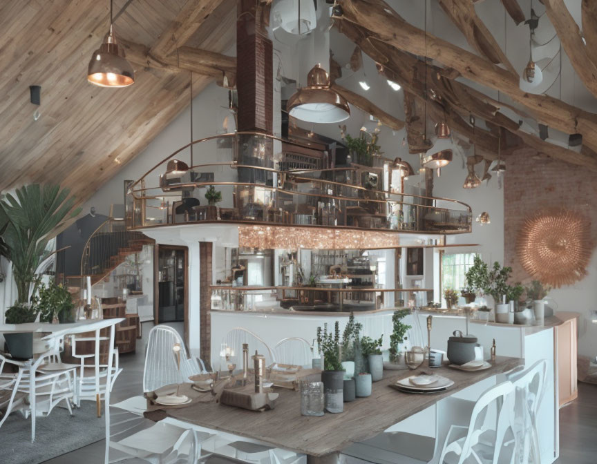 Spacious cafe with rustic chic interior and modern furniture