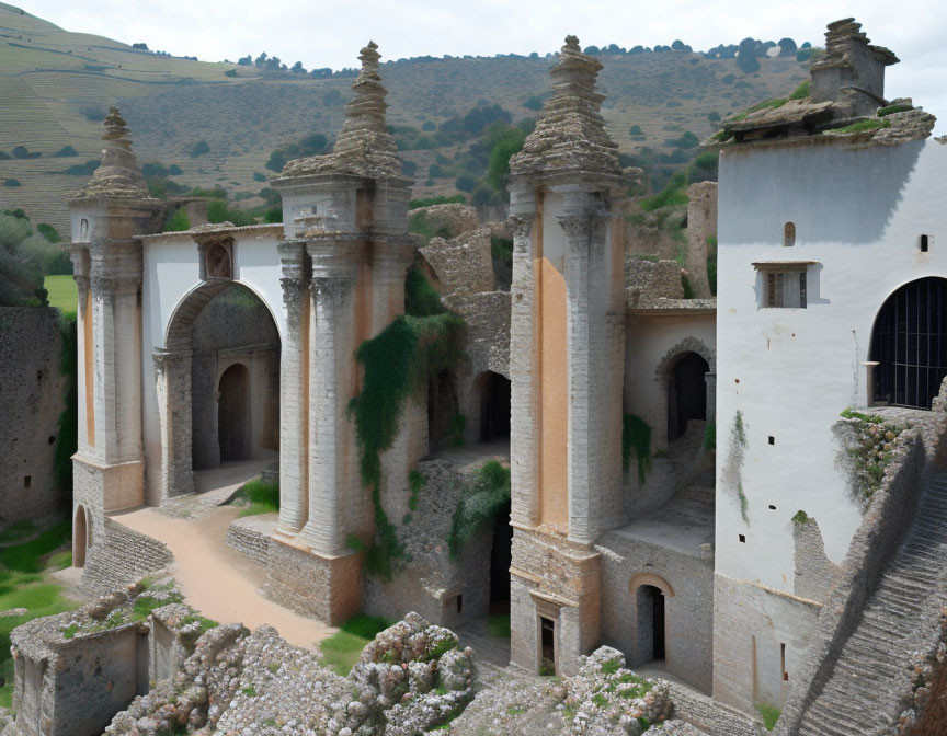 Ornate stone bridge between hills in historic setting