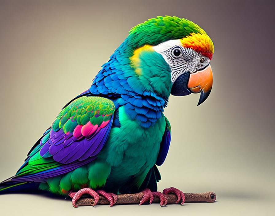 Colorful Parrot with Green, Yellow, Blue, and Purple Feathers on Branch