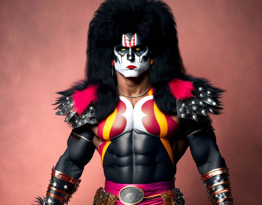 Dramatic rock band-inspired costume with black and silver face makeup and red details