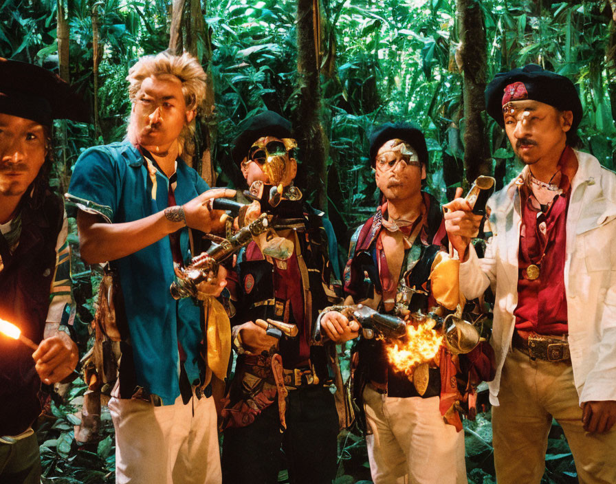 Group of flamboyant pirates with flintlock pistols in lush jungle at night