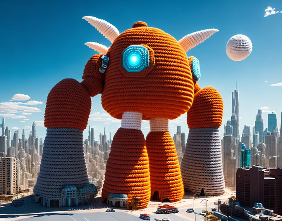 Giant orange knitted robot creature in modern cityscape under blue sky.