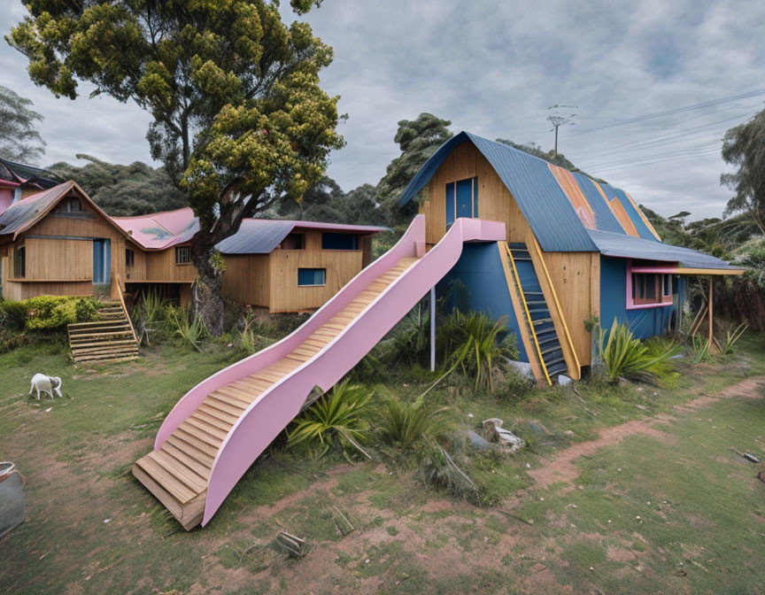 Vibrant tiny houses with pink slide in pastoral setting