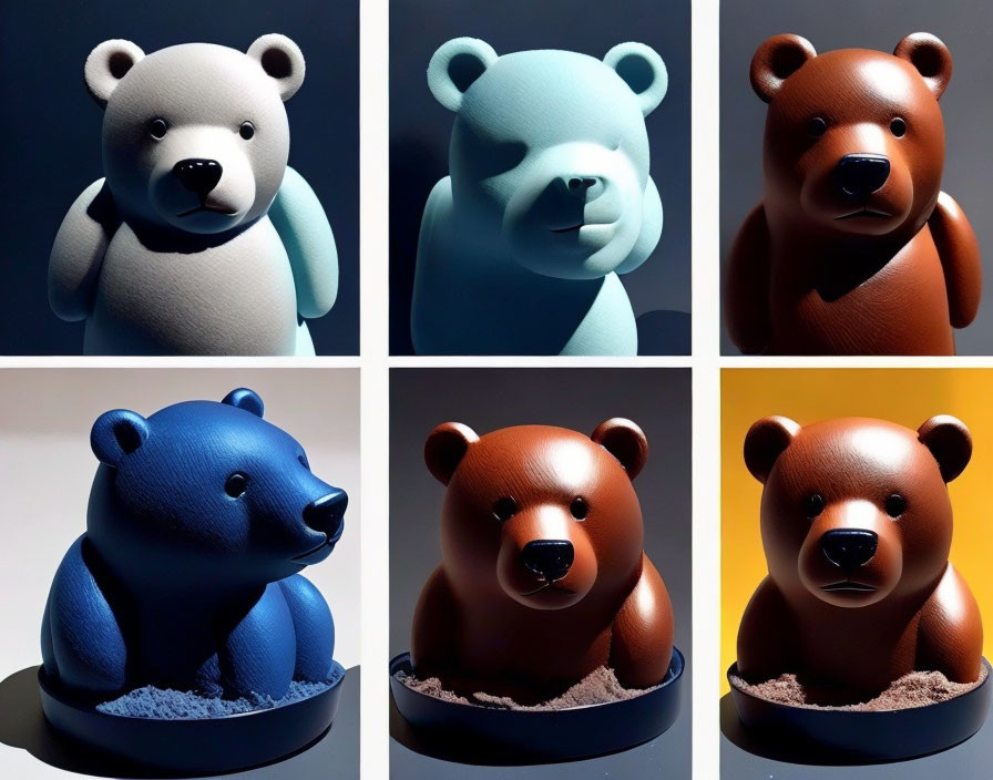 Six stylized bear figurines in different poses and colors on dark backdrop