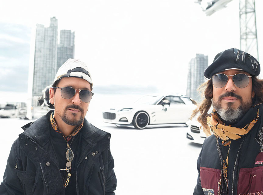 Stylish men in hats and sunglasses in snowy cityscape with sports car