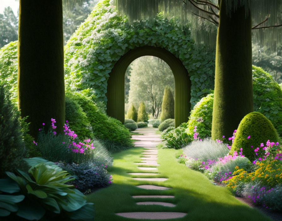 Tranquil garden pathway with vibrant flowers and arched greenery-covered entrance