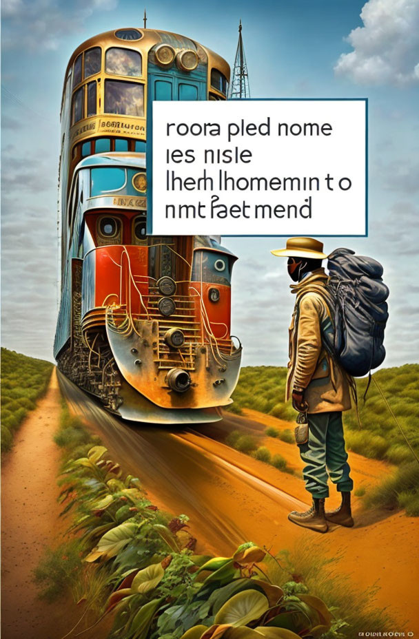 Backpacker observing surreal train with reversed text on rural path