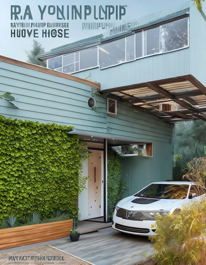 Spacious modern house with large windows, green wall, white car, and lush foliage.