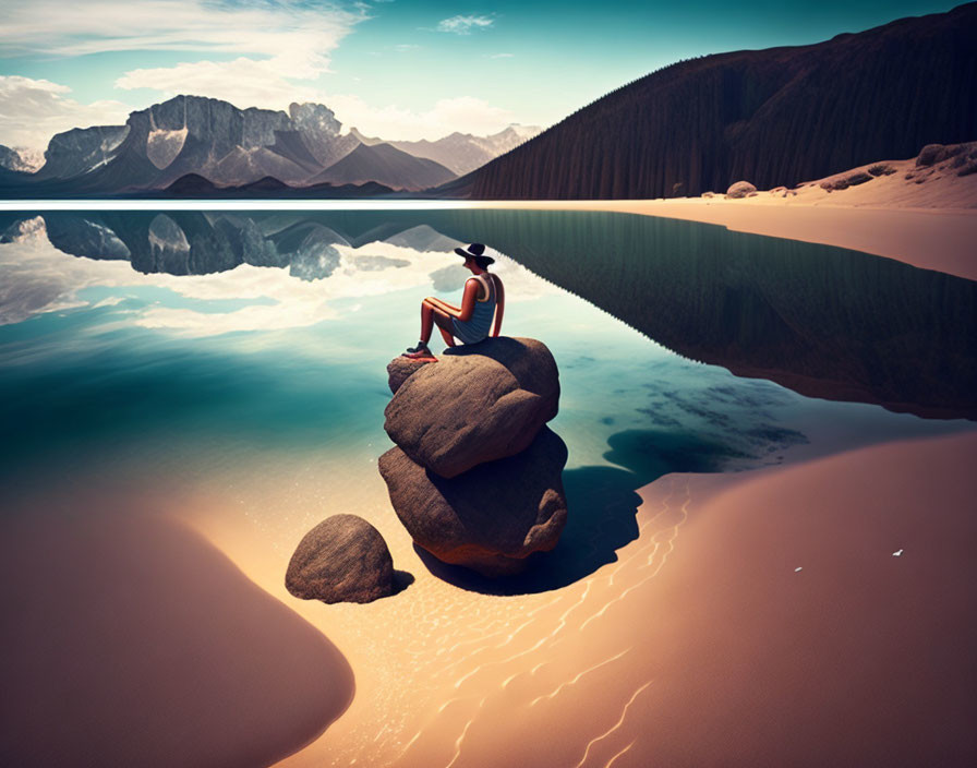 Person sitting by tranquil mountain lake with reflections under clear sky