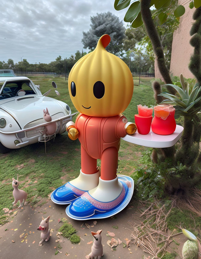 Oversized character figure with yellow head, red bodysuit, blue shoes, holding tray,