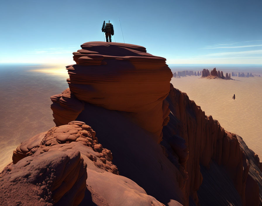 Person standing on tall desert rock formation overlooking flat terrain