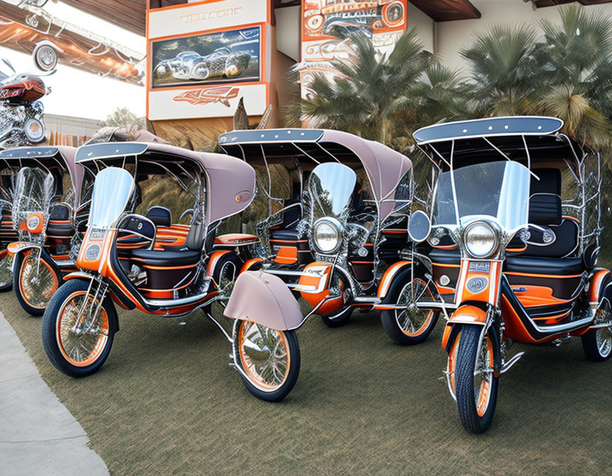 Orange and Black Electric Pedicabs Outside Building with Motorcycle Decor