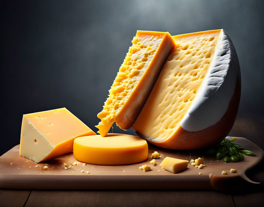 Assorted Cheese Types on Wooden Board with Crumbled Wedge