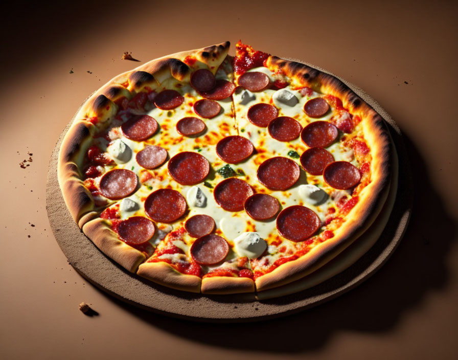 Pepperoni pizza with melted cheese and creamy sauce on dark background