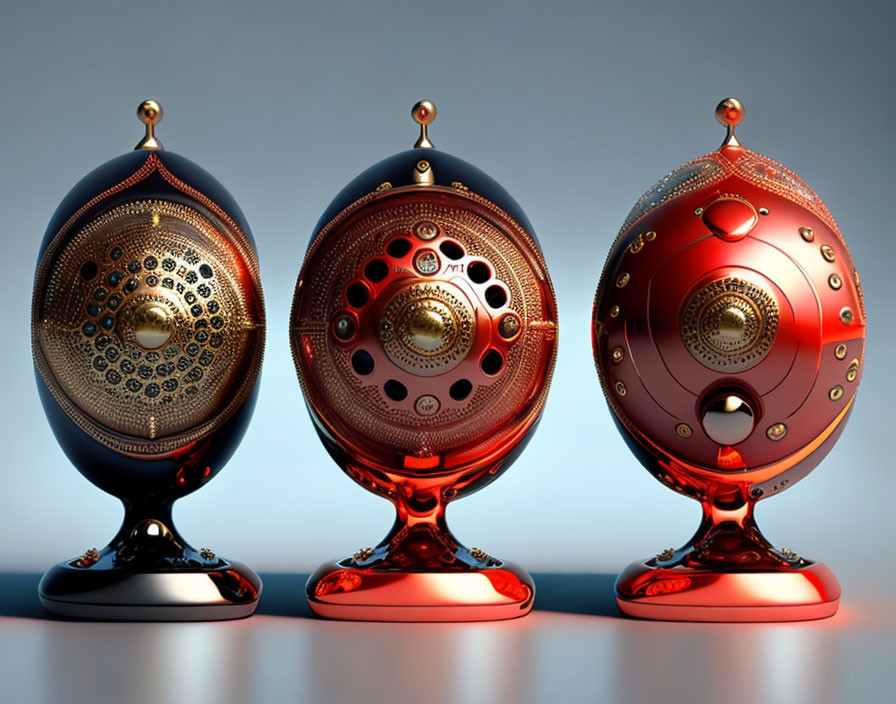 Three ornate egg-shaped objects with intricate patterns and metallic finishes on gradient background.