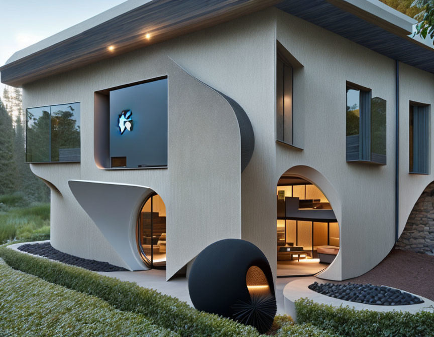 Modern Curvilinear House with Unique Windows and Outdoor Lighting in Natural Setting