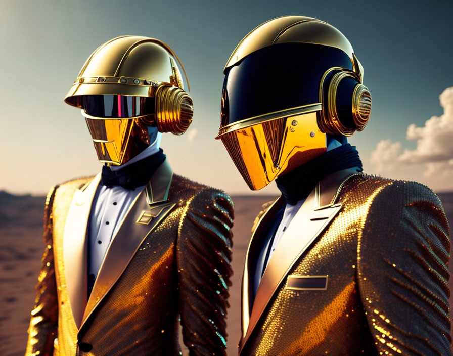 Two individuals in gold and silver helmets and sequined tuxedos in desert setting.