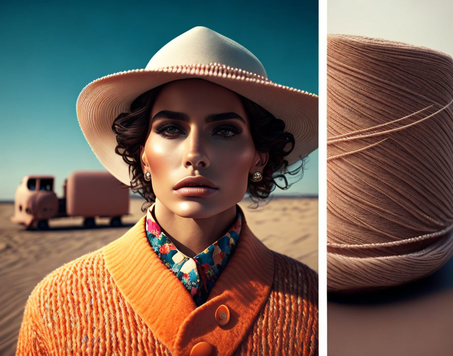 Fashionable woman in white hat and orange sweater with vintage car and thread spool on sandy terrain