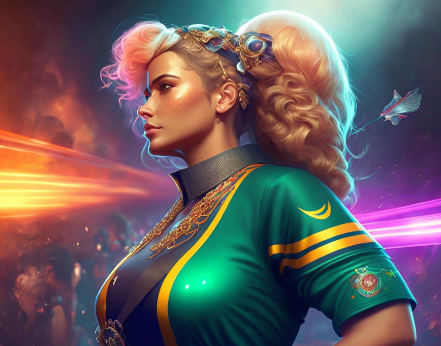 Blonde woman in futuristic attire with ornate accessories on vibrant neon backdrop