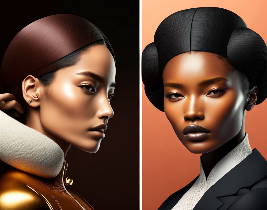 Stylized digital portraits of women with sleek hairdos and elegant attire against warm backdrop