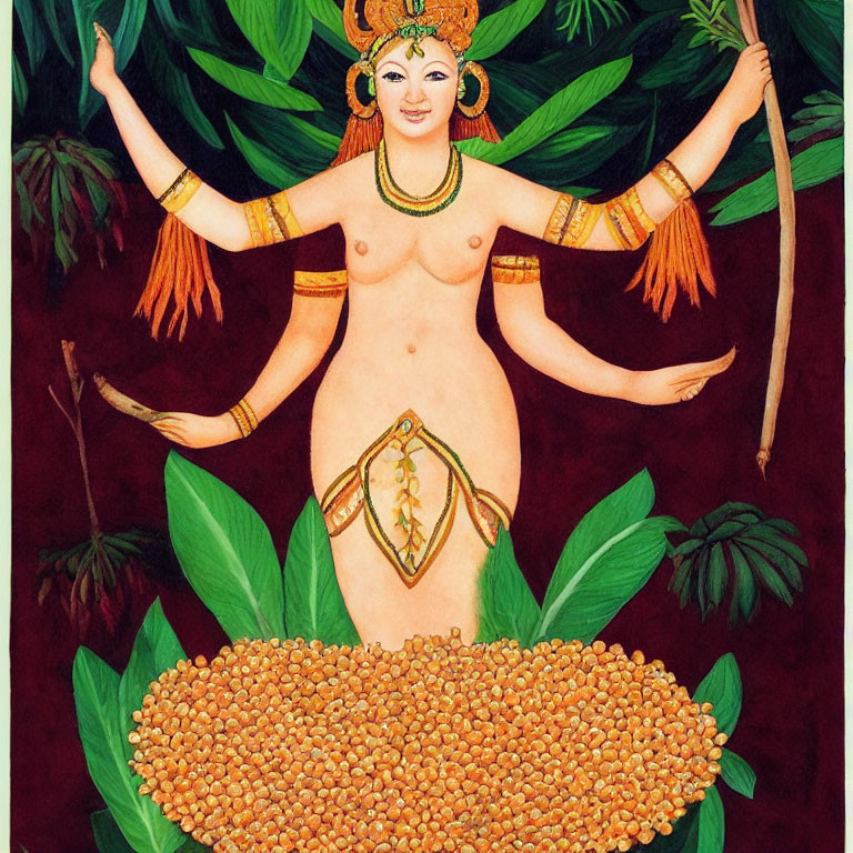 Traditional jewelry-clad multi-armed woman in grain pile on red background with green foliage.