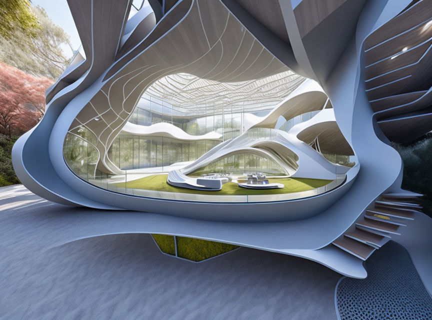 Organic Curves and Glass Roof in Modern Architectural Interior