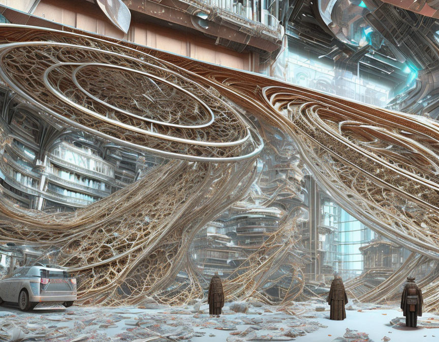 Futuristic library with wooden structures, modern pillars, robotic vehicle, and snow-dusted ground