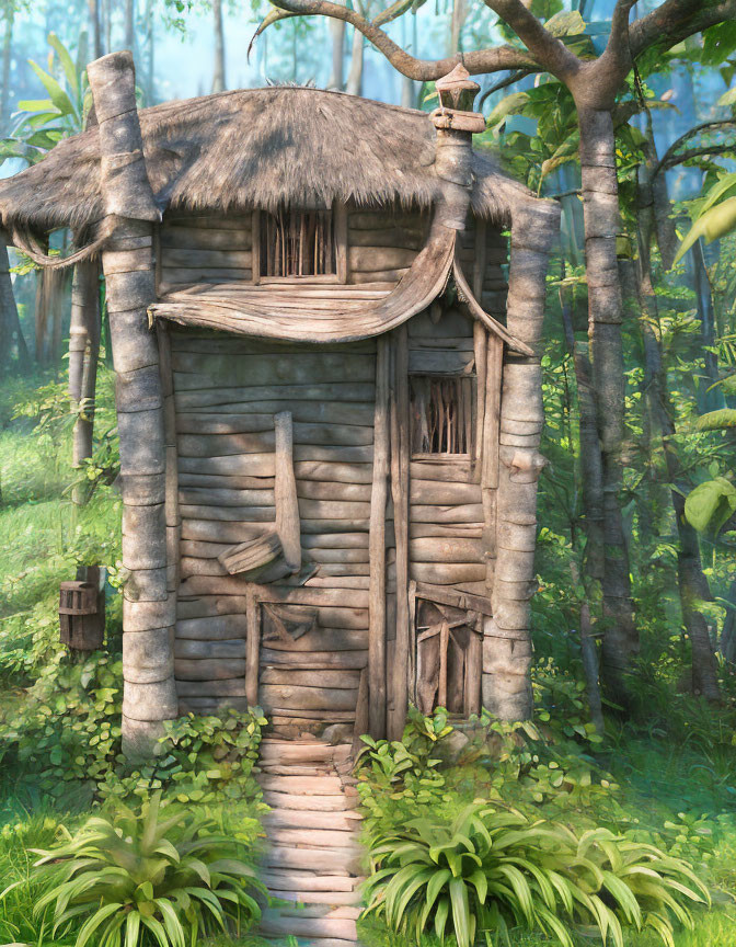 Rustic wooden hut with thatched roof in lush green forest