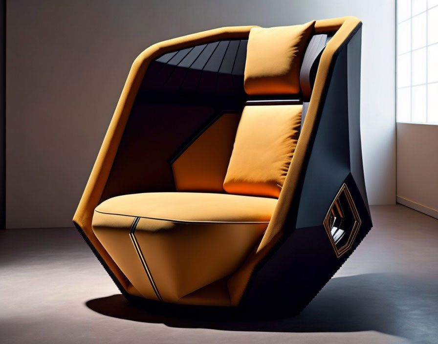 Contemporary Geometric Chair with Orange Cushions in Dimly Lit Room