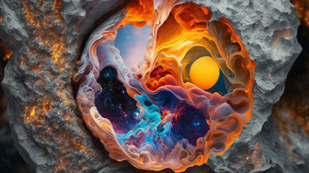 Colorful digital art: cosmic scene with swirling colors, starry expanse, glowing orb