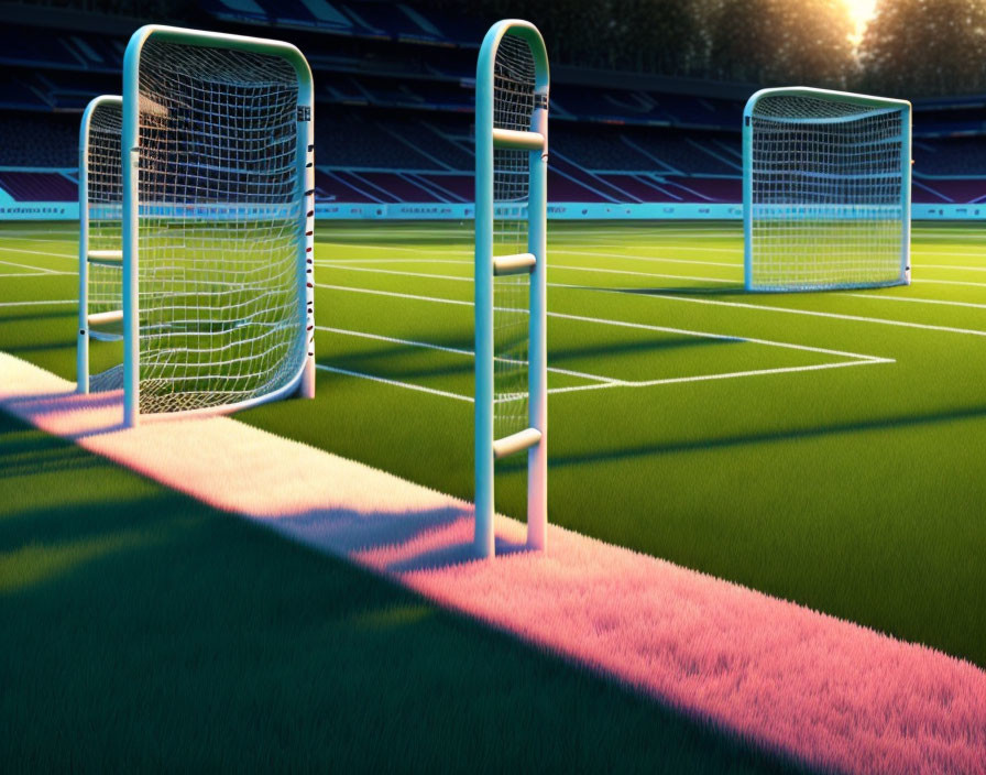 Soccer goals on grassy pitch with nets, sunlight shadows, empty stadium.