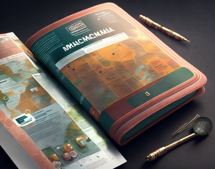 Travel Guidebook with Map, Pen, and Compass on Dark Surface