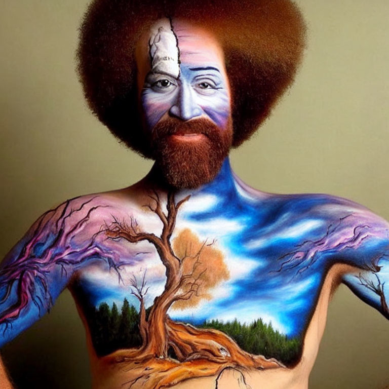 Body and face paint creating tree landscape illusion