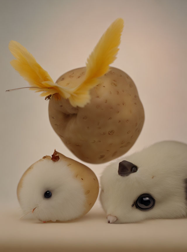 Whimsical photo of potato, apple, and guinea pig transformation