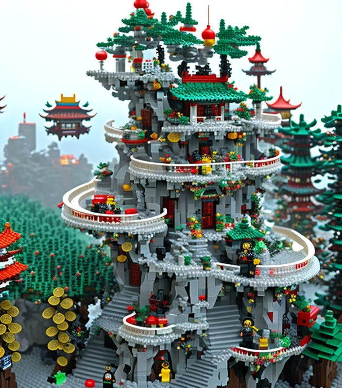 Detailed LEGO model: Multi-tiered Asian pagoda with lush trees in blurred background