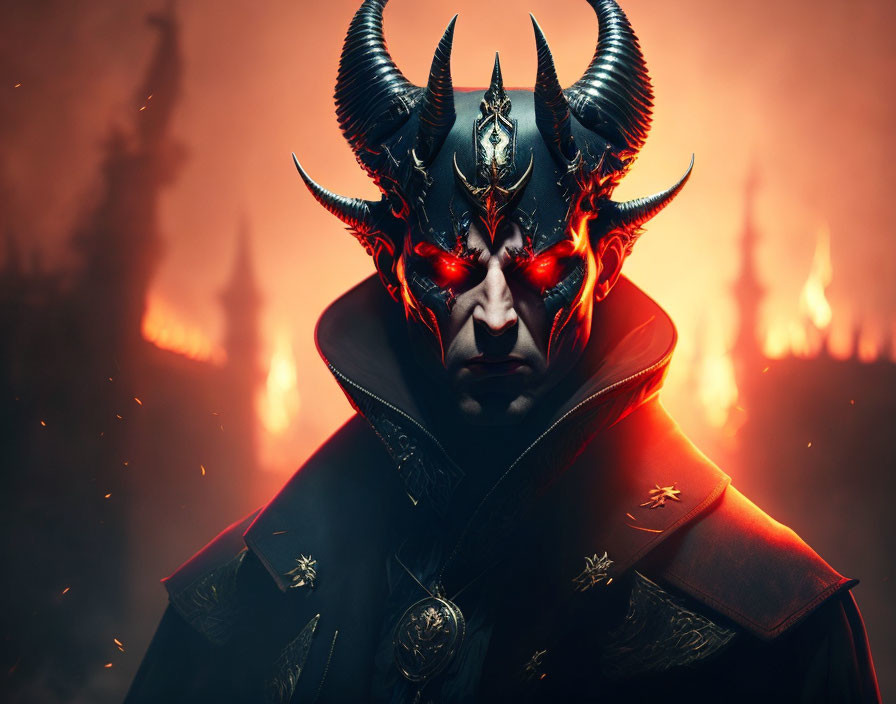 Person in dark demonic costume with horns and glowing red eyes against fiery backdrop