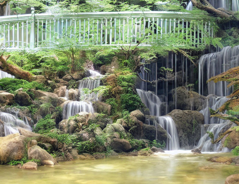 Tranquil waterfall flows under mossy rocks and white bridge surrounded by greenery