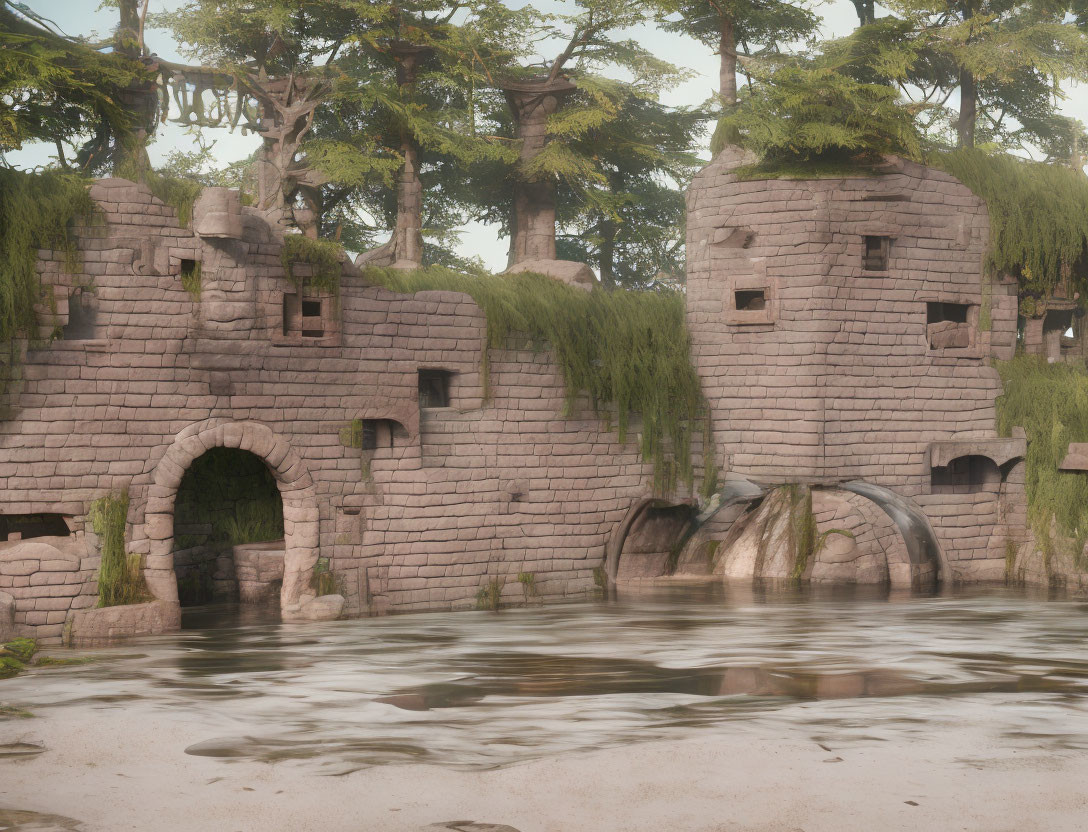 Stone castle covered in greenery by tranquil river and tall forest.