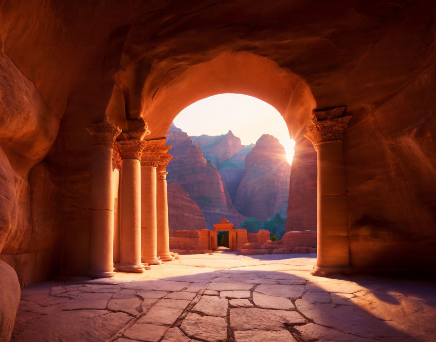 Ancient rock-cut archway with classic columns and majestic cliffs in sunlight