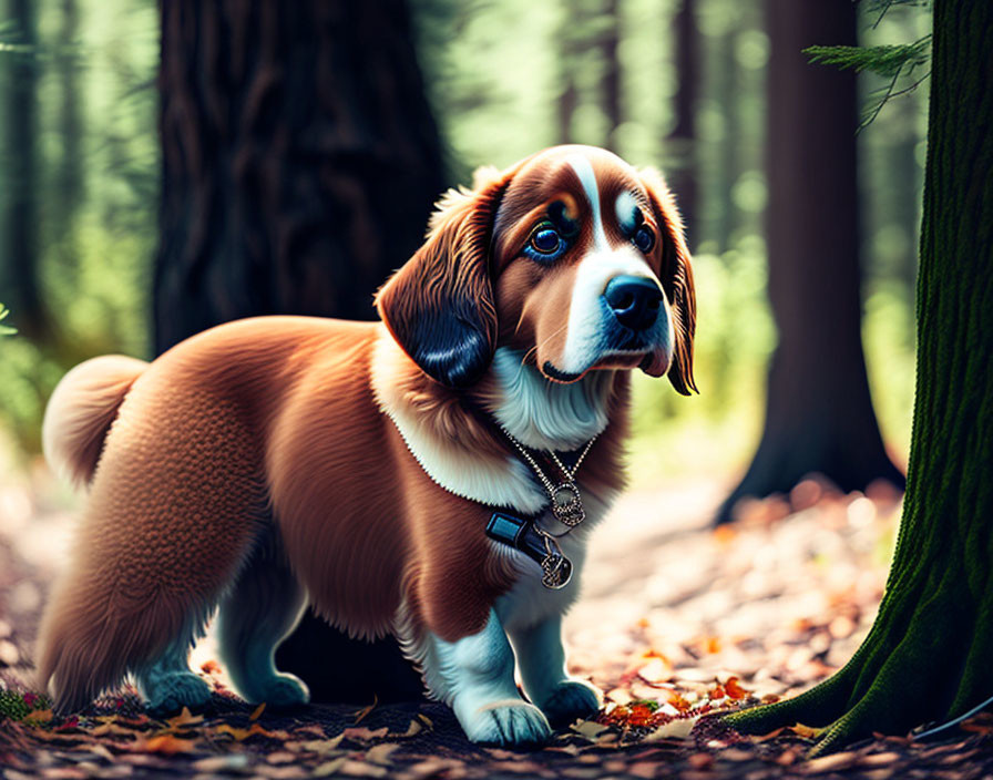 Brown and White Dog with Collar in Lush Forest