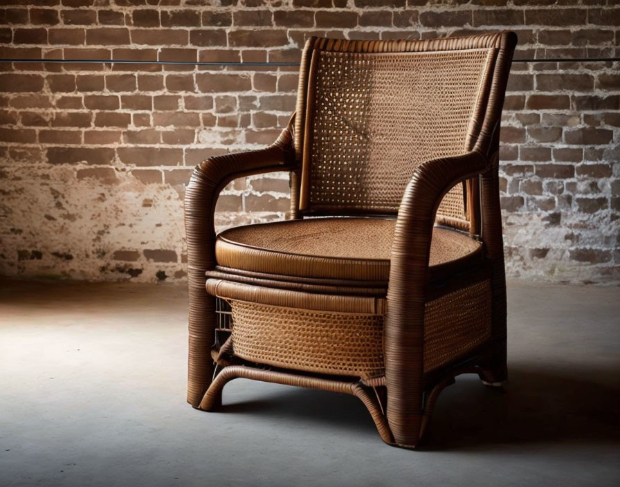 Vintage Rattan Armchair with High Backrest and Cushioned Seat Against Exposed Brick Wall